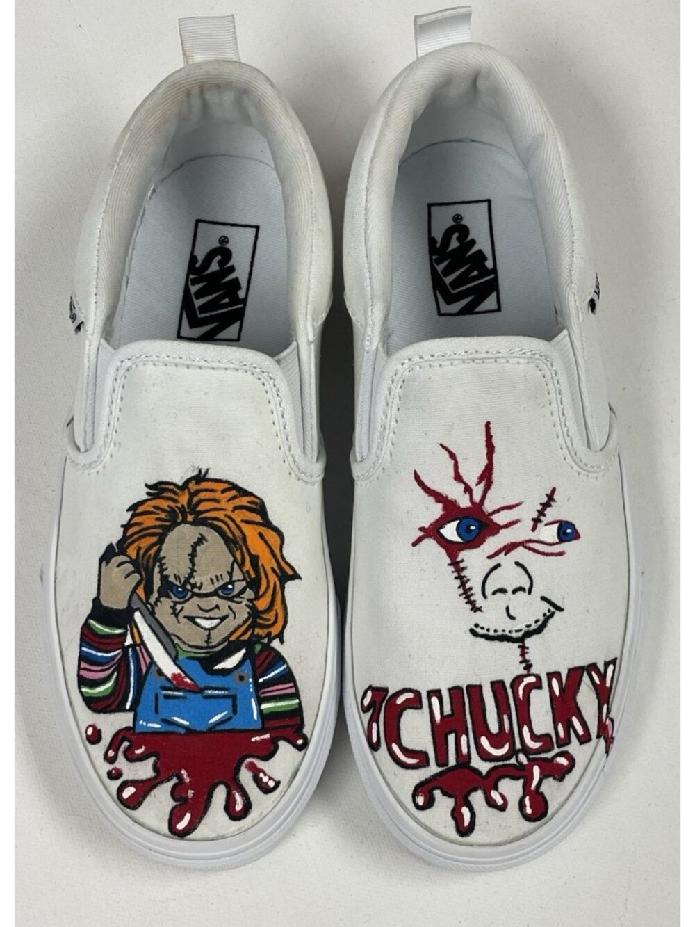 Vans Asher Slip-On Chucky Horror Movie Custom Painted Artwork White Size 2.5Y